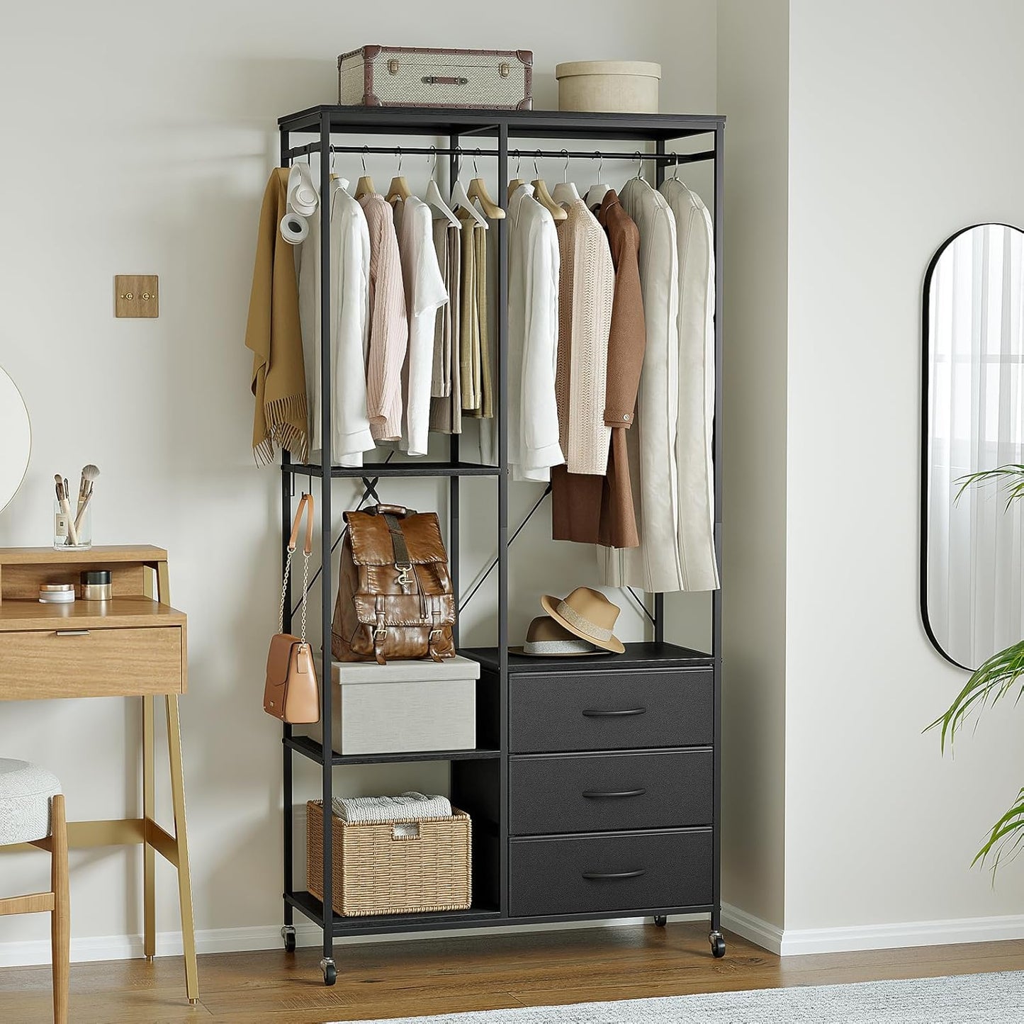 Kledingrek – Open Garderobe – Kledingwagen – Kledingrail – Kledingkast – Zwart Stalen Frame – 3 Laden & Verstelbare Plank