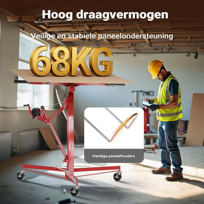 Wiltec platenlift XXL voor gipsplaten en panelen, platenwagen met 1-persoons-bediening, paneellift in rode kleur tot 68 kg draagvermogen en verstelbare armen tot 290 cm