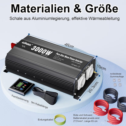 GIANDEL 3000 W omvormer, 12 V naar 230 V, zuivere sinus, spanningsomvormer, compatibel met LifePO4 Power Inverter met afstandsbediening en USB-aansluitingen, voor camper, vrachtwagen, caravan, camping
