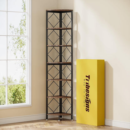 Tribesigns 7 Tier Corner Shelf, 200 cm, Extra High Angle, Industrial Narrow Bookcase for Small Narrow Spaces, Corner Shelf, Wooden Stand, Storage Rack for Living Room, Kitchen, Home Office