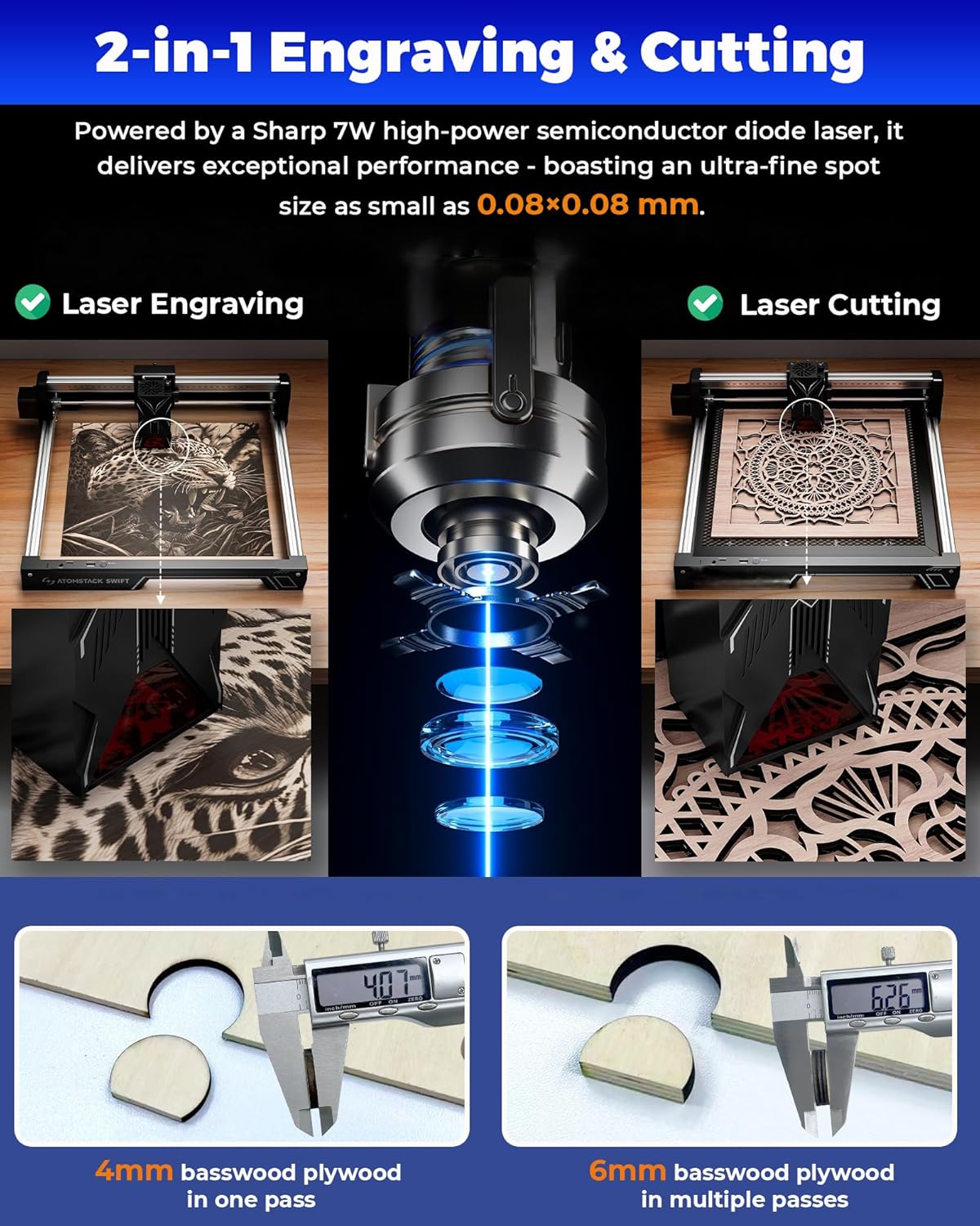Lasergraveerder ATOMSTACK Swift voor Beginners, 7000mW Lasersnijder, 300×300mm Werkgebied, Hoog Nauwkeurige Lasergraveermachine voor Hout, Leer, Gecoate Metaal en Acryl (Swift 7W)