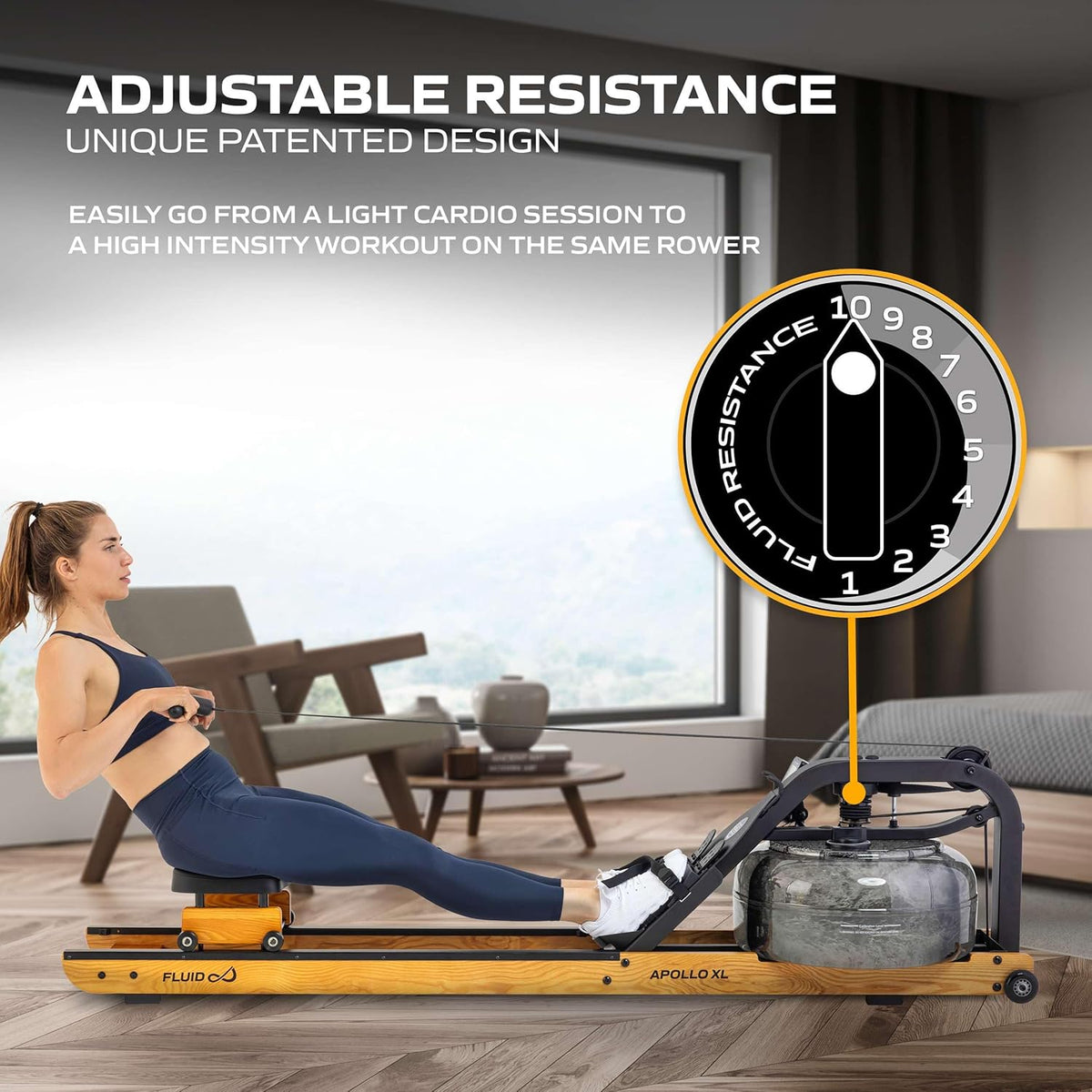 Fluid Rower Apollo XL - Rowing machine with 10 resistors - Heart rate monitor - Water resistance - Rowing machine for home - Color: Beech - QUORE