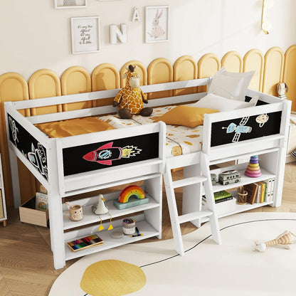 Children's Bed with Shelf, Slatted Frame, Ladder and Fall Protection, Teenage Bed, Single Bed, Wooden Pine Bed (White, 90 x 200 cm) - QUORE