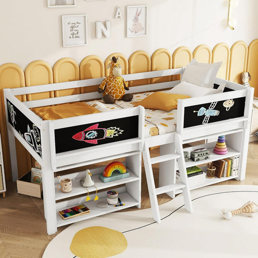 Children's Bed with Shelf, Slatted Frame, Ladder and Fall Protection, Teenage Bed, Single Bed, Wooden Pine Bed (White, 90 x 200 cm) - QUORE