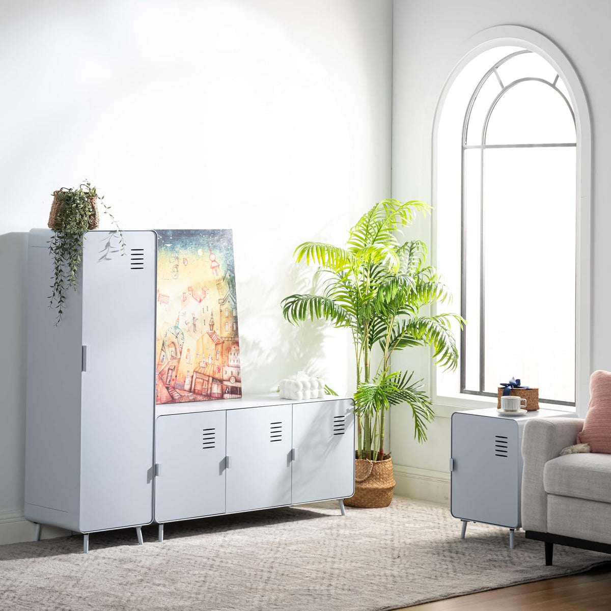MEUBLE COSY Hoge kast voor woonkamer, kast, commode, slaapkamer, kantoorkast met deuren en planken, industrieel, metaal, wit, 40 x 40 x 137 cm