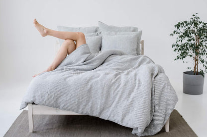 My Linen Home Dekbed van gewassen linnen (100% steenwashed), 150 x 200 cm, hypoallergene strepen, thermoregulatie en ademend vermogen, machinewasbaar