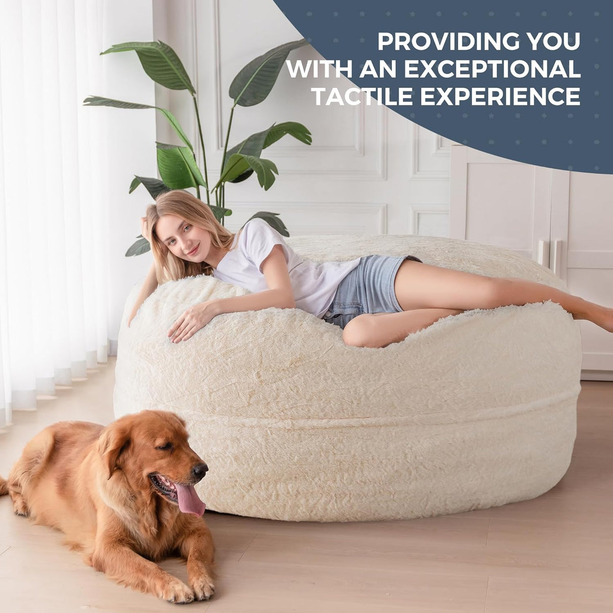 MAXYOYO Bean Bag Bed - Convertible from Bean Bag Chair to Bed - Foam Sofa with Fluffy Cover and Soft Filling for Adults, Teenagers, Guests (Beige, 150 x 200 cm)