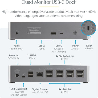 StarTech.com USB-C Dock, 4K 60Hz Quad Monitor DisplayPort & HDMI, Universeel USB Type-C Docking Station met 100W Power Delivery, USB Hub met 1x USB Type-C & 3x USB-A, Ethernet, Audio