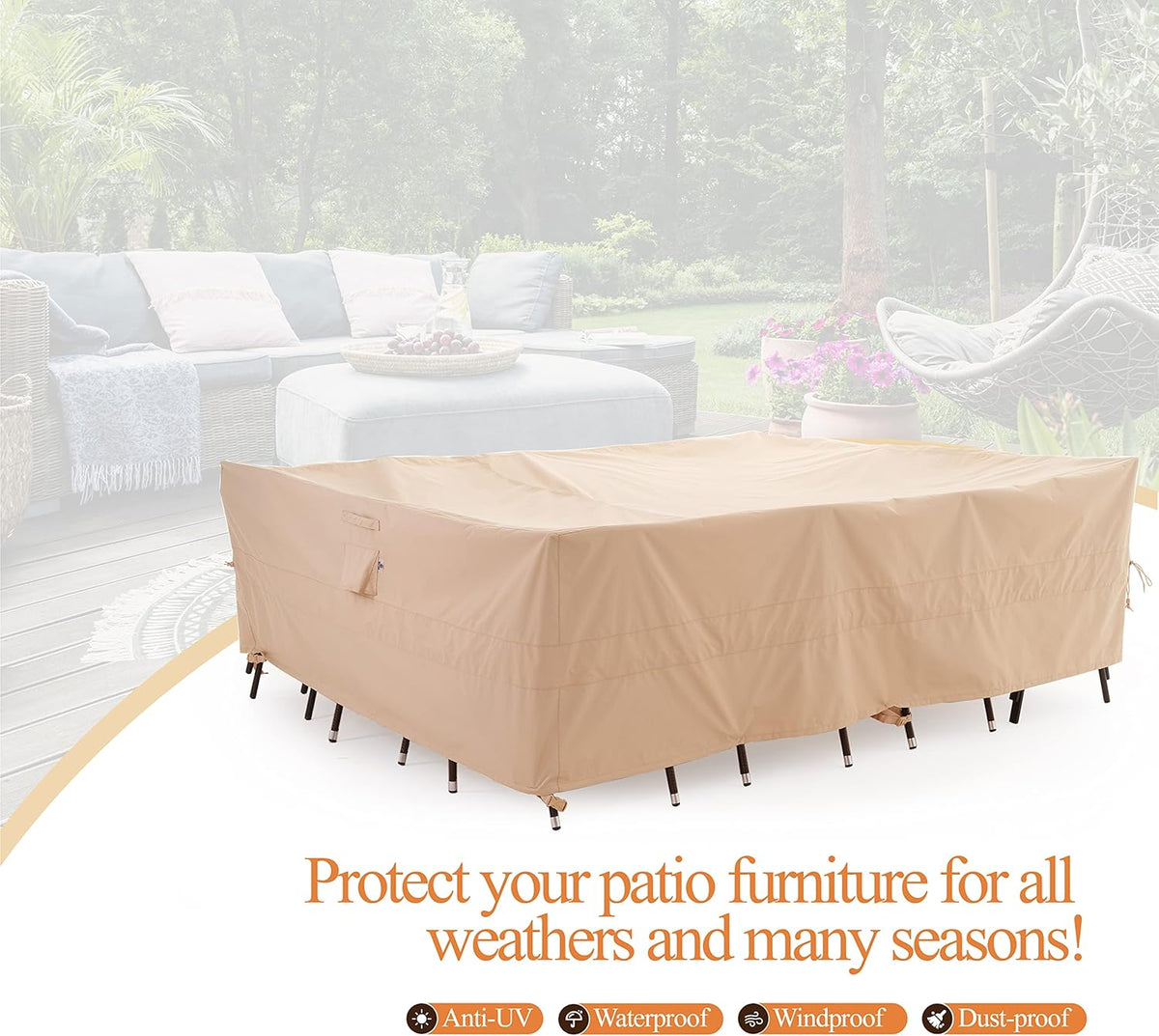 WJ-X3 Grote rechthoekige beige zware terrastafelhoes, 345,4 x 223,5 x 91,4 cm - windbestendig, waterdicht, anti-vervagen - perfect voor sectionele meubelsets buiten