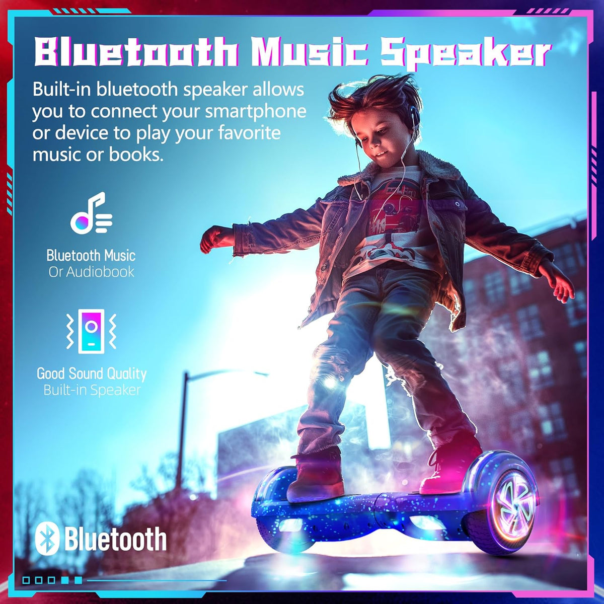 Elektrische step van 6,5 inch (16,5 cm) met Bluetooth en knipperende led-banden en oplichtende motoren, alle terreinen voor jongens, meisjes, kinderen, tieners