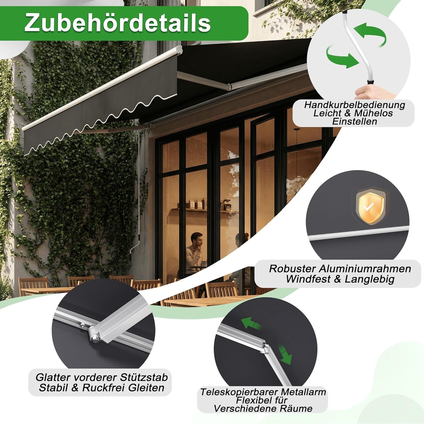 Aluminium Zonnescherm – Balkon Zonwering – Cassette Zonnescherm – Knikarm Zonnescherm – Schaduwdoek – 4x3 Meter – Waterafstotend Polyester – Wit Gelakt Aluminium Frame