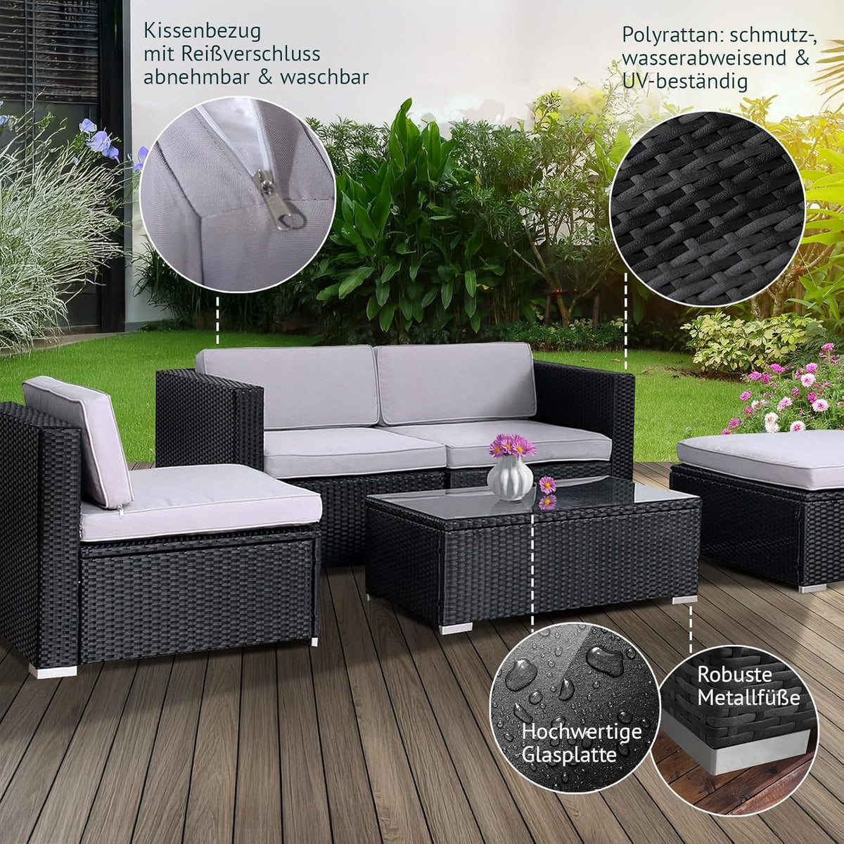 SVITA California Poly-Rattan Lounge Garden Set Sofa-Set Garnish Garden Furniture Couch-Set - QUORE