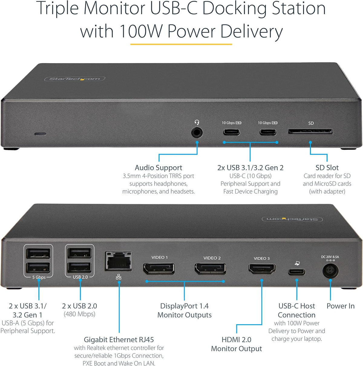 StarTech.com USB C Dock - Triple 4K Monitor USB Type-C Docking Station - 100W Power Delivery - DP 1.4 Alt Mode & DSC, 2x DisplayPort 1.4/HDMI 2.0-6xUSB (2x 10Gbps) - Windows/Chrome (DK31C2DHSPDUE)