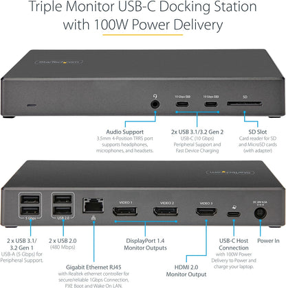 StarTech.com USB C Dock - Triple 4K Monitor USB Type-C Docking Station - 100W Power Delivery - DP 1.4 Alt Mode & DSC, 2x DisplayPort 1.4/HDMI 2.0-6xUSB (2x 10Gbps) - Windows/Chrome (DK31C2DHSPDUE)