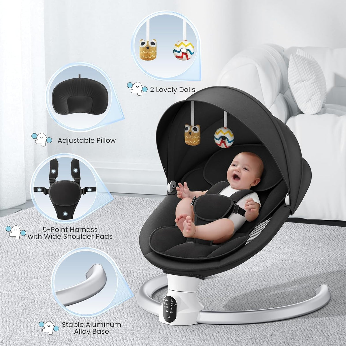 BlundiQue Baby Rocker Troll Programme with Remote Control and Control Baby Swing with 5 Swing Widths 3-Step Timer 3 Toy Grey Lamb Soft Padded (Black) - QUORE