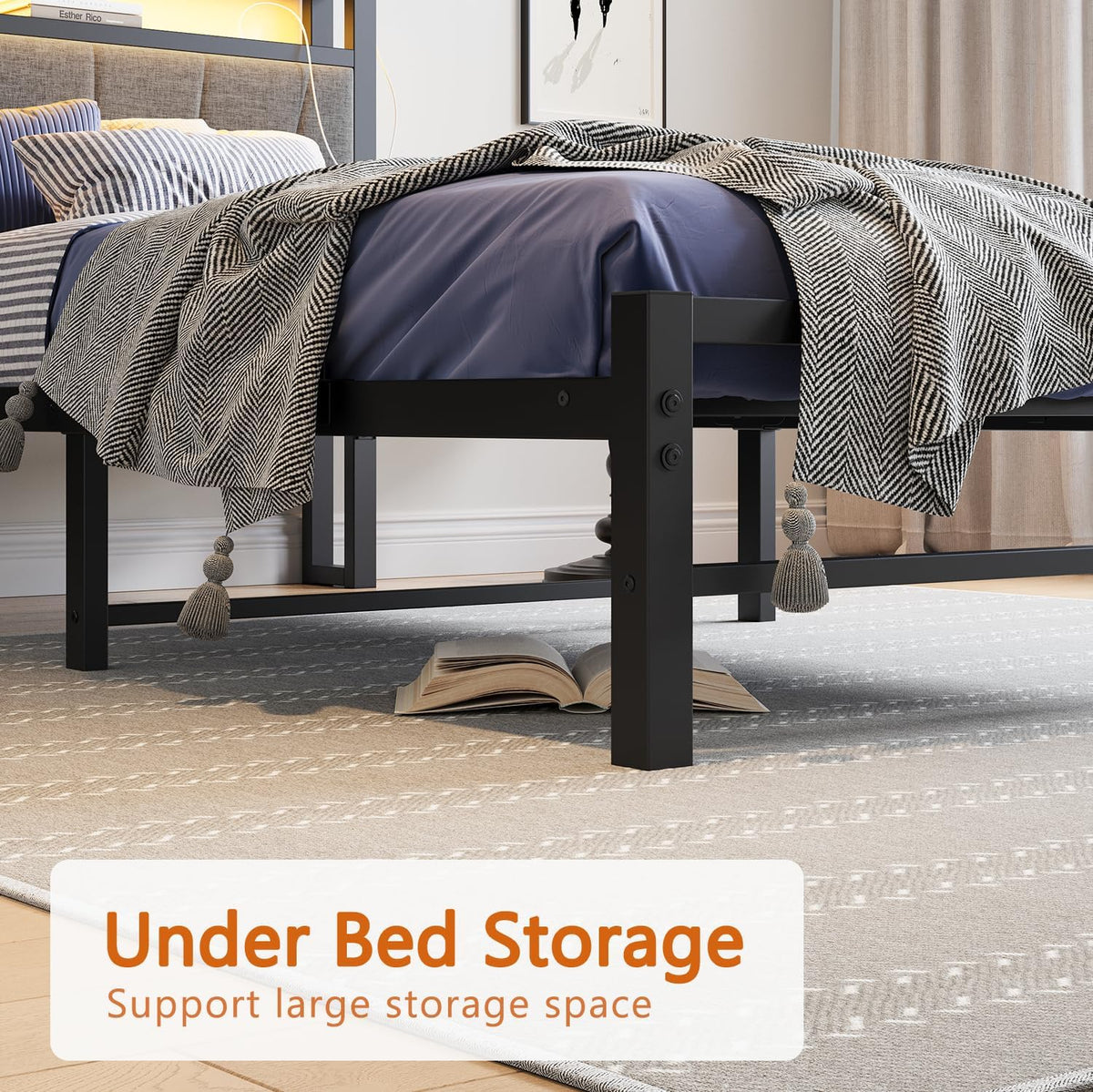 3ft eenpersoonsbedframes met opberghoofdeinde, laadstation/LED-verlichting, metalen gestoffeerd platformbedframe eenpersoons, geen boxspring nodig, ondersteuning voor sterke metalen