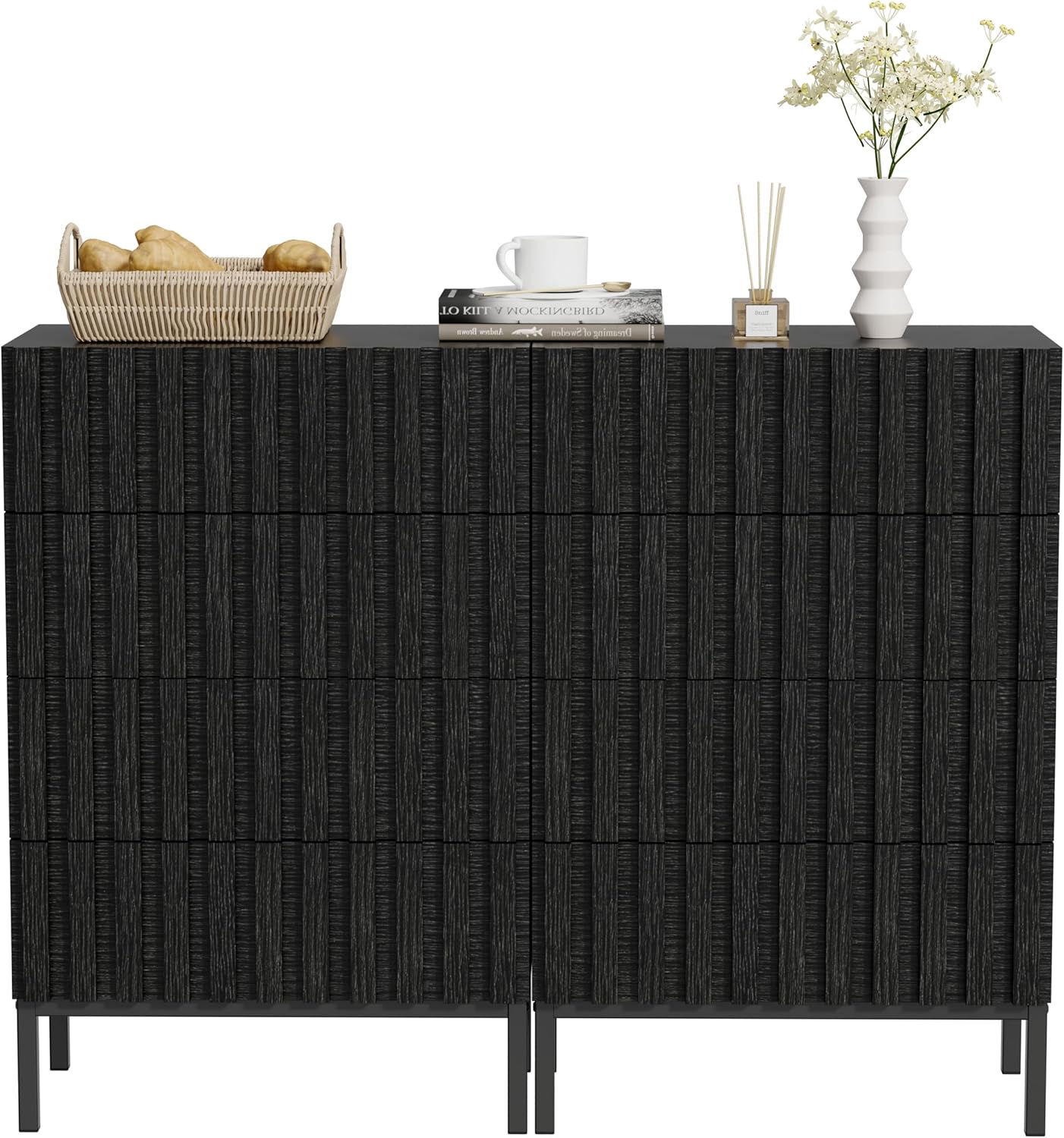 Ladekast – Smalle Ladekast – Opbergkast – Dressoir – Kast Met Lades – 4 Ruime Lades – MDF Metalen Poten – 60x34,5x92 cm – Zwart – Kras- En Vochtbestendig