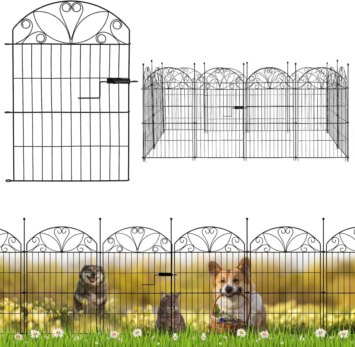Metalen tuinomheiningspanelen set van 12 met poort, maximale lengte 678 cm, decoratieve roestbestendige tuinomheining, 80 x 56,5 cm panelen met 13 grondpalen voor gazon, bloembedden en huisdieren