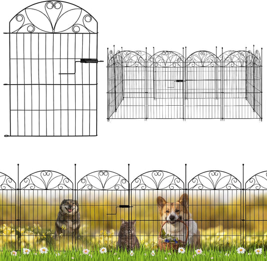 Metalen tuinomheiningspanelen set van 12 met poort, maximale lengte 678 cm, decoratieve roestbestendige tuinomheining, 80 x 56,5 cm panelen met 13 grondpalen voor gazon, bloembedden en huisdieren