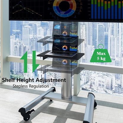 Mobiele tv-standaard met plank – Verrijdbaar tv-meubel, tv-standaard, tv-houder, tv-beugel – Zwart – Voor 32-75 inch – In hoogte verstelbaar tot 211 cm met stopcontacten en USB-poorten