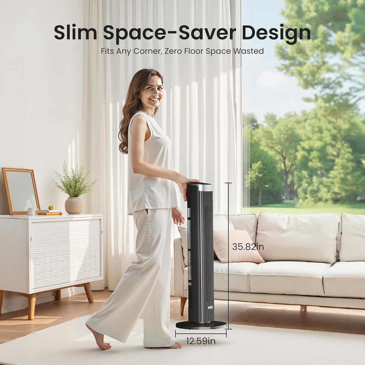91 cm stille ventilator, 90° oscillatietorenventilator, staande ventilator met afstandsbediening en wifi, 4 standen en 4 modi, 12-uurs timer, torenventilatoren voor slaapkamer, zwart