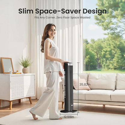 91 cm stille ventilator, 90° oscillatietorenventilator, staande ventilator met afstandsbediening en wifi, 4 standen en 4 modi, 12-uurs timer, torenventilatoren voor slaapkamer, zwart