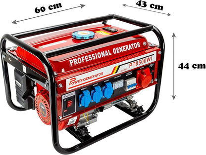 Petrol power generator, power generator with accessories, silent emergency generator, 5 sockets, 3 x 230 V, 1 x 400 V, 1 x 12 V, 6.5 hp (power generator with pull starter) - QUORE