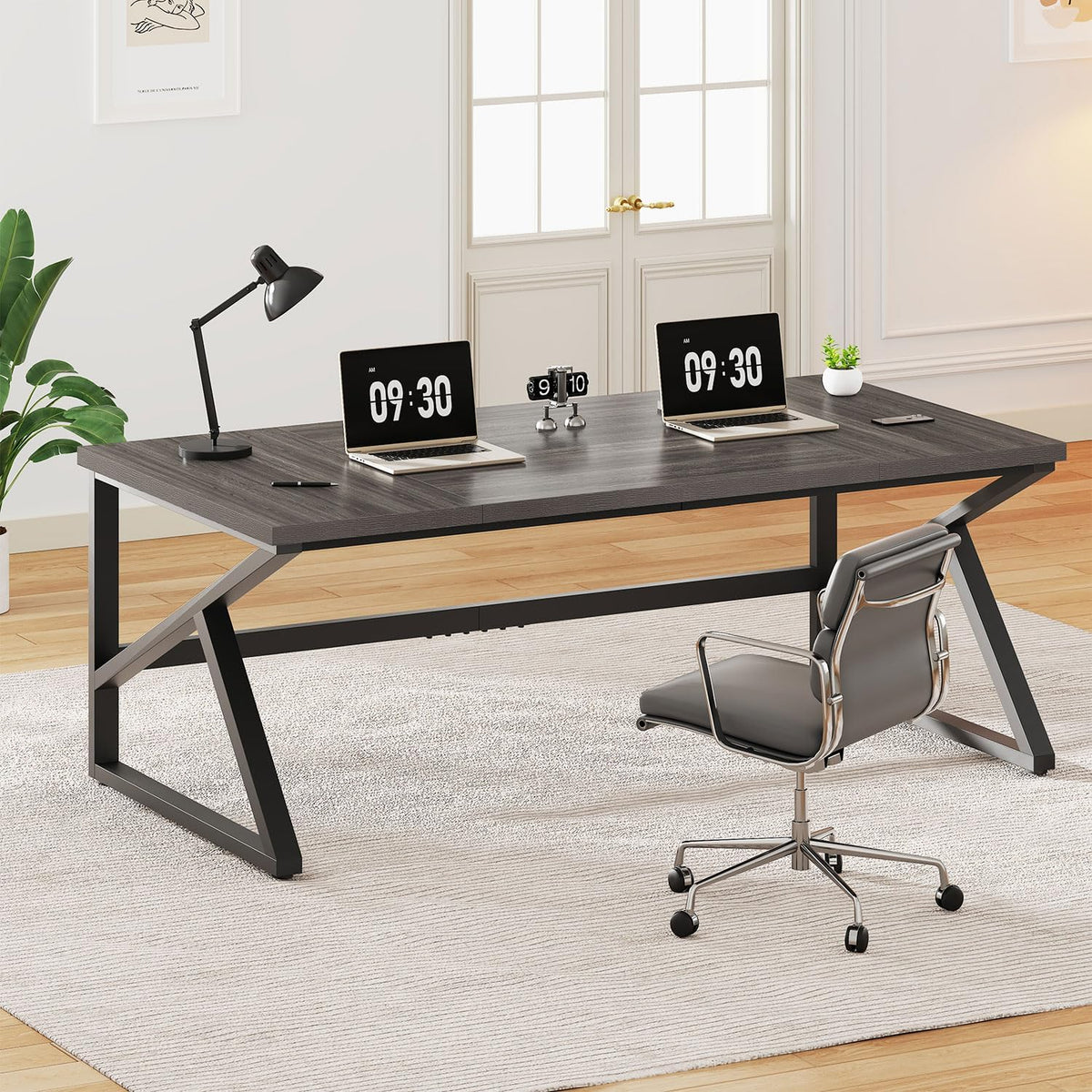 IBF Lange bureaus voor thuiskantoor, groot metalen houten computerbureau voor 2 monitoren, 180 cm twee-persoons bureau voor uitvoerend werk, schrijven, studie, gaming, industrieel modern groot dubbel