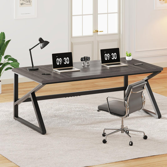 IBF Lange bureaus voor thuiskantoor, groot metalen houten computerbureau voor 2 monitoren, 180 cm twee-persoons bureau voor uitvoerend werk, schrijven, studie, gaming, industrieel modern groot dubbel