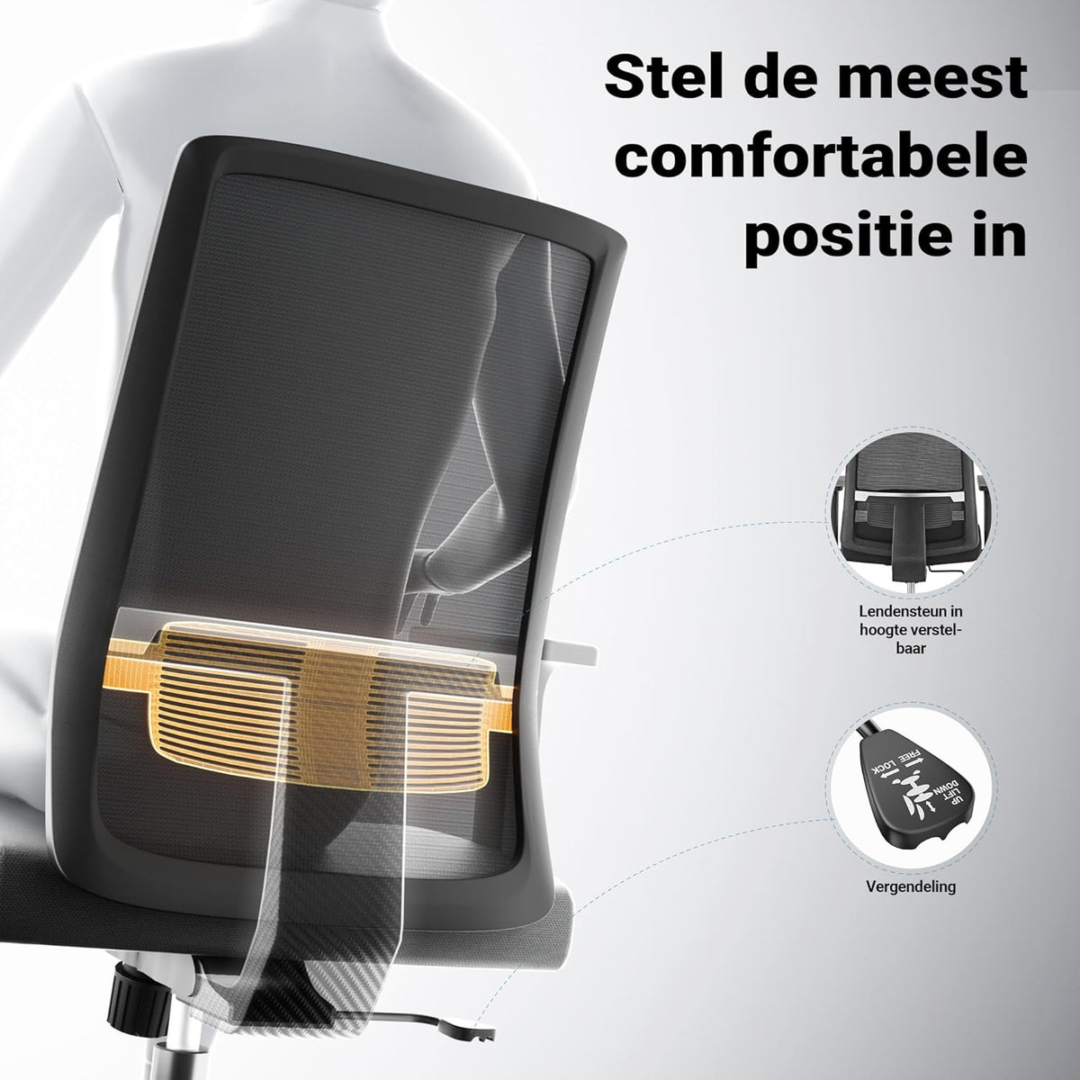 Ergonomische Bureaustoel – Comfortabele Werkstoel – Kantoorstoel – Draaistoel – Bureaustoel Met Lendensteun – In Hoogte Verstelbaar – Luchtdoorlatende Rugleuning – Belastbaar Tot 120 Kg