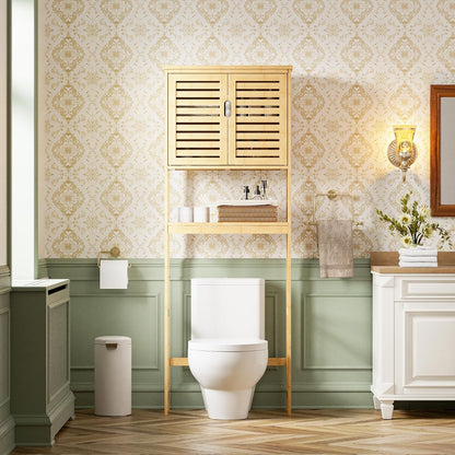 SMIBUY Badkamer boven het toilet opbergkast, 2-deurs bamboe kast organizer, vrijstaand ruimtebesparend toiletrek met verstelbare binnenplank en open plank (natuurlijk)