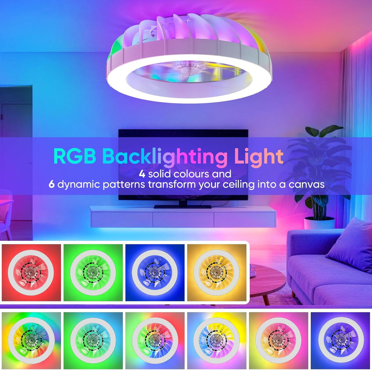 46 cm plafondventilator met verlichting en afstandsbediening, stil, 6 snelheden, lamp met ventilator, 3000K-6500K & RGB-achtergrondverlichting, plafondlamp met ventilator voor de slaapkamer