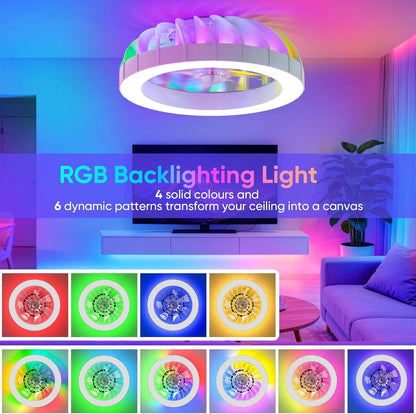 46 cm plafondventilator met verlichting en afstandsbediening, stil, 6 snelheden, lamp met ventilator, 3000K-6500K & RGB-achtergrondverlichting, plafondlamp met ventilator voor de slaapkamer