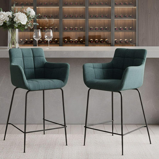 chairus Bar Stools Armchair Set of 2 Fabric Kitchen Breakfast Counter Stools Modern High Stools Dining Chairs with Footrest (Green-2) - QUORE