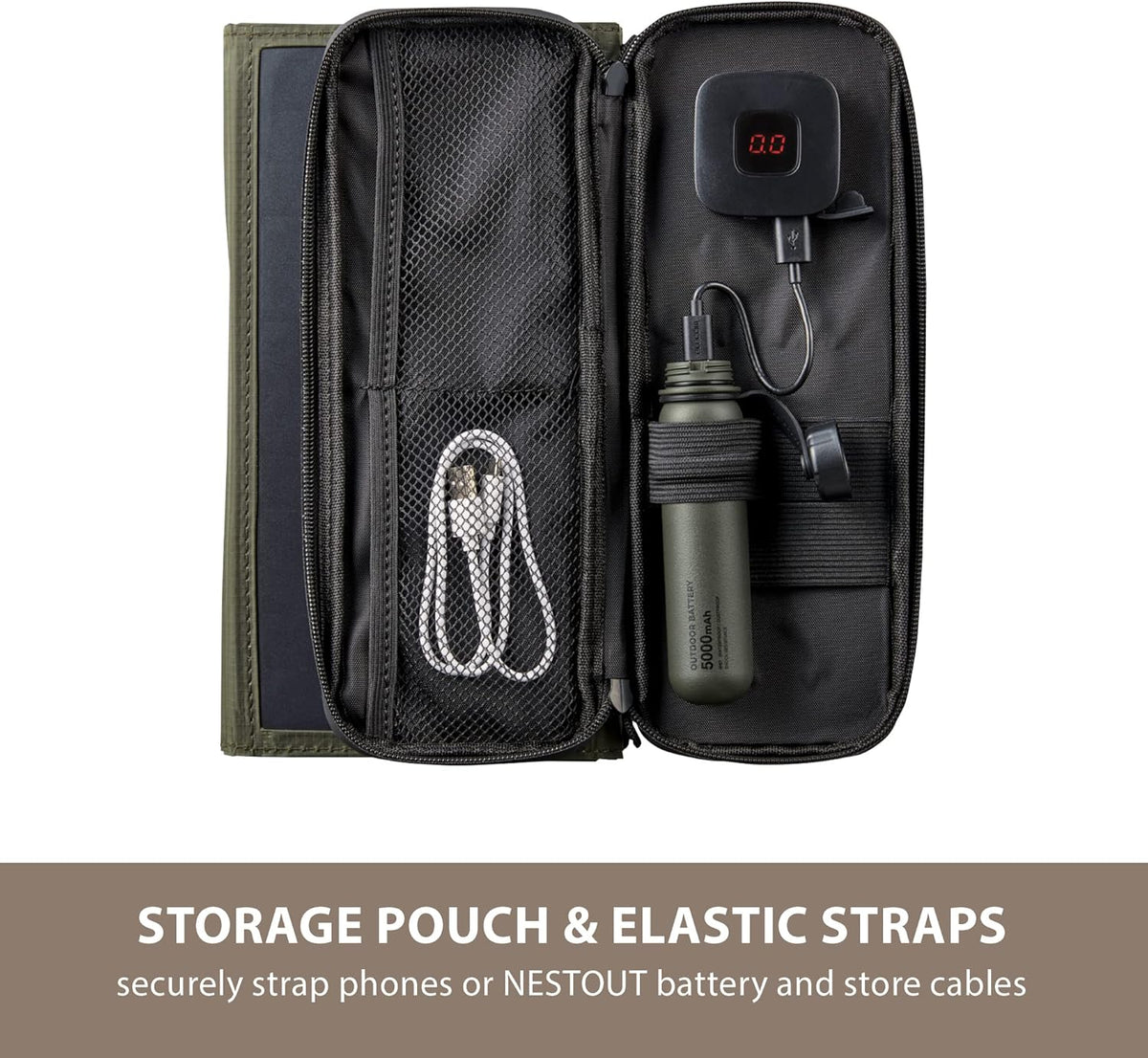 ELECOM NESTOUT Draagbaar zonnepaneel, dubbele USB-A-poorten, 28 W stroomgeneratielader voor telefoon kamperen, duurzaam waterbestendig ripstop nylon, opvouwbaar, lichtgewicht, verstelbare standaards
