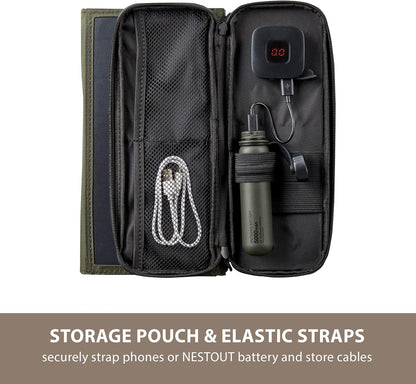 ELECOM NESTOUT Draagbaar zonnepaneel, dubbele USB-A-poorten, 28 W stroomgeneratielader voor telefoon kamperen, duurzaam waterbestendig ripstop nylon, opvouwbaar, lichtgewicht, verstelbare standaards