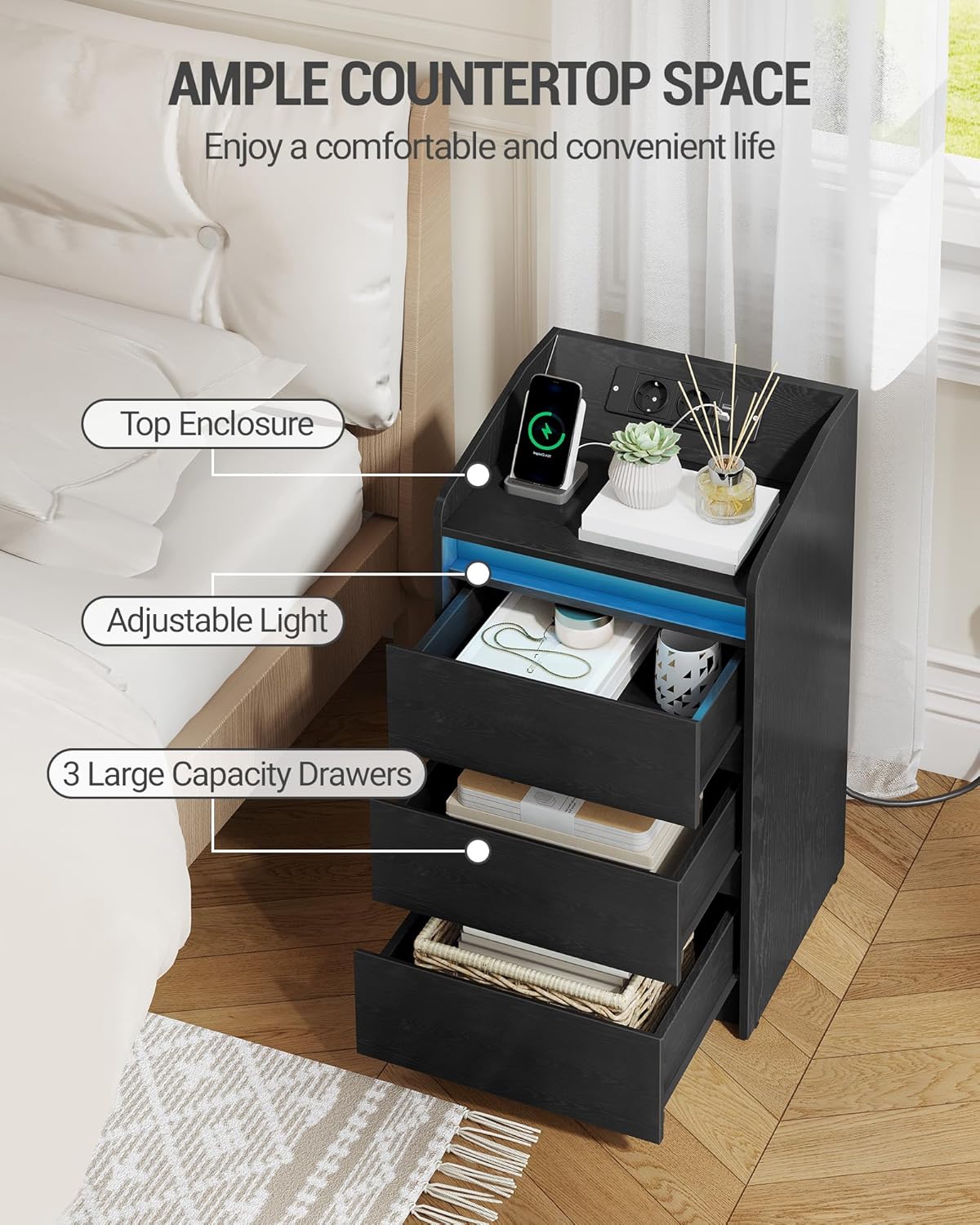 Hzuaneri Bedside Table Set of 2 with 3 Drawers, Side Table with Charging Base and LED, 2 AC Outlets and 2 USB Ports for Bedroom, Living Room, Black NS40104X