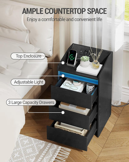 Hzuaneri Bedside Table Set of 2 with 3 Drawers, Side Table with Charging Base and LED, 2 AC Outlets and 2 USB Ports for Bedroom, Living Room, Black NS40104X