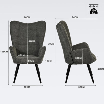 MEUBLE COSY Armchair Armchair with Upholstered and High Back Metal Legs Recliner Chair Fabric Relax Chair for Bedroom, Living Room, Dark Grey, 68x50x106cm - QUORE