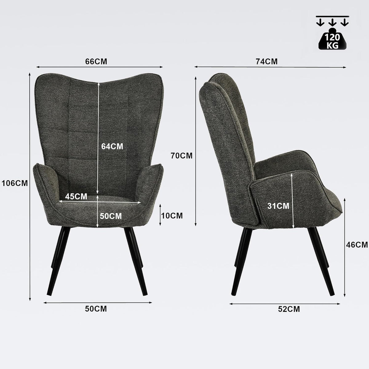 MEUBLE COSY Leunstoelen, armleunstoel stoel met gestoffeerde en hoge rugleuning metalen poten, relaxstoel van stof, voor slaapkamer, woonkamer, Donkergrijs, 68x50x106cm