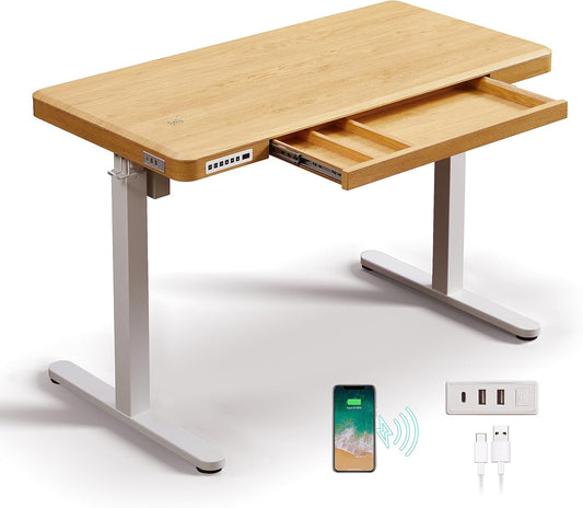 KOWO Electric Standing Desk with Drawers, USB-C Hub and Wireless Charger, Sit-Stand Desk, Adjustable Table, Home Office, Computer Table with Storage Space, 120 cm (L) Maple Wood - QUORE