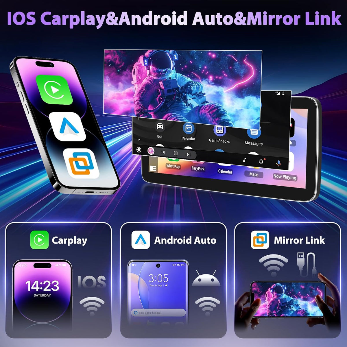 2 Din 4G + 128G autoradio 12,3 inch 1280P stereo radio met Android 15 systeem, A-pple Carplay Android Auto GPS Bluetooth 5.0 WiFi FM/RDS 2USB inclusief AHD-camera voor achteruitrijcamera