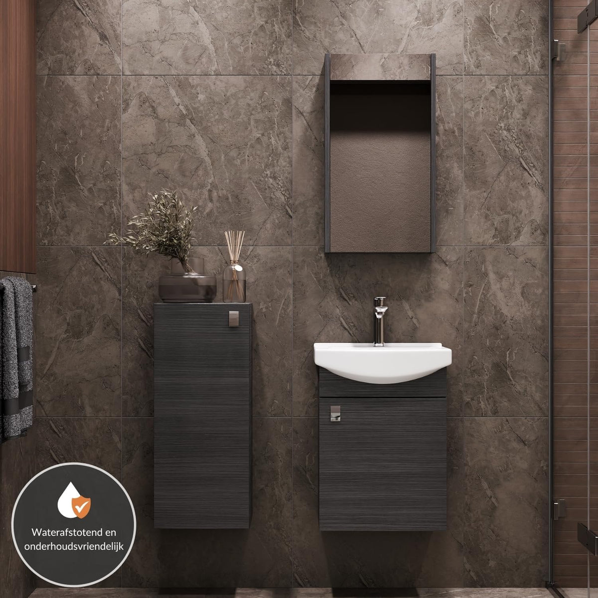 Planetmöbel bathroom cabinet set Washbasin with vanity unit 45 x 60 x 33 cm with mirror cabinet 40 cm, midi cabinet for bathroom & guest toilet, anthracite - QUORE