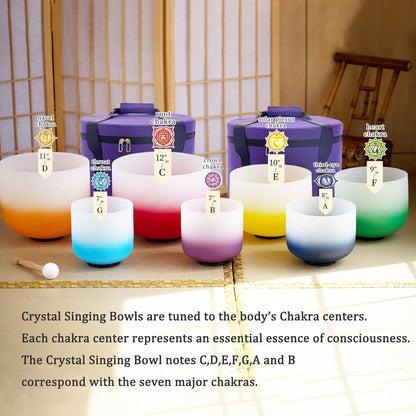 Hye-eun 432hz kleurverloop kristal klankschalen set 7 chakra's 7-12 inch Crystal Singing Bowl, meditatieset voor yoga, energiegenezing, diepteontspanning (incl. houten stokken, draagtassen)