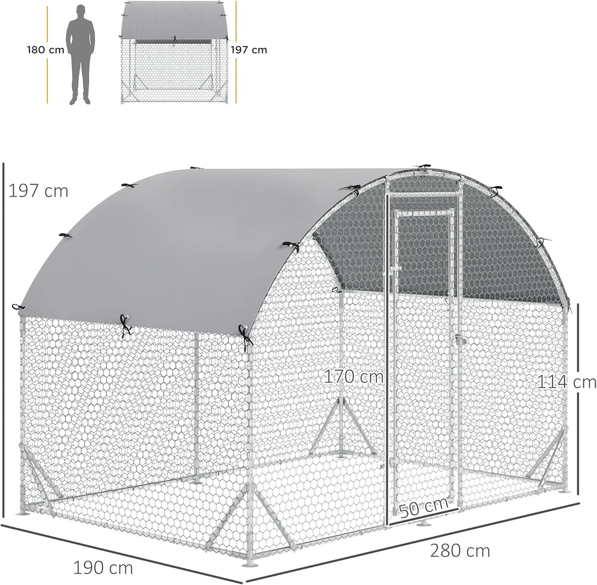 PawHut Chicken Coop Free Run Made of Steel, 280 x 190 x 197 cm, Chicken Coop with UV Resistant Cover, Door Chicken Coop for 4-6 Chickens, Small Animals, Silver
