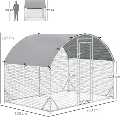 PawHut Chicken Coop Free Run Made of Steel, 280 x 190 x 197 cm, Chicken Coop with UV Resistant Cover, Door Chicken Coop for 4-6 Chickens, Small Animals, Silver