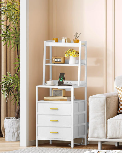 Hzuaneri Bedside Table Set of 2, Bedside Table with Charging Station and Metal Storage Shelf, 2 Sockets and 2 USB Ports, Side Table with 3 Fabric Drawers, For Bedroom, Living Room, White NS10613W