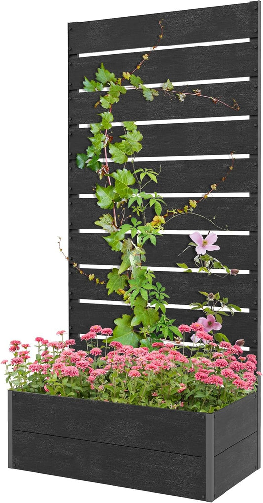 Outsunny Garden Planter with Trellis for Climbing Plants Tires Flowers Freestanding Raised Bed for Garden Outdoor Patio Planter with Drainage Hole 72x38x150cm Black - QUORE