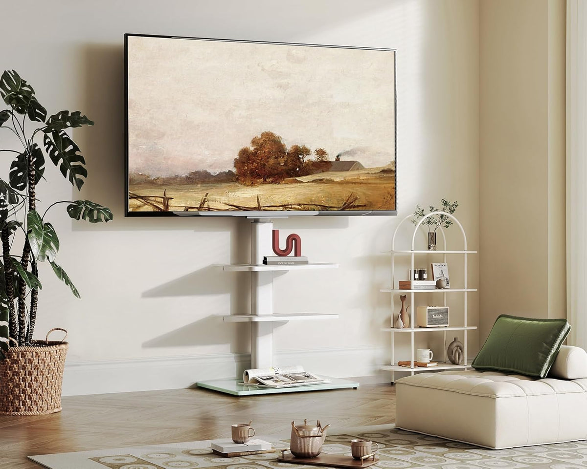 Tv-Vloerstandaard Wit – Tv Standaard – Tv Stand – Universele Tv Standaard – Vrijstaande Tv Standaard – Voor 32-60 Inch Tv met 3 Planken, Draaibaar Tot 70°