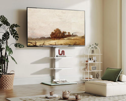 Tv-Vloerstandaard Wit – Tv Standaard – Tv Stand – Universele Tv Standaard – Vrijstaande Tv Standaard – Voor 32-60 Inch Tv met 3 Planken, Draaibaar Tot 70°